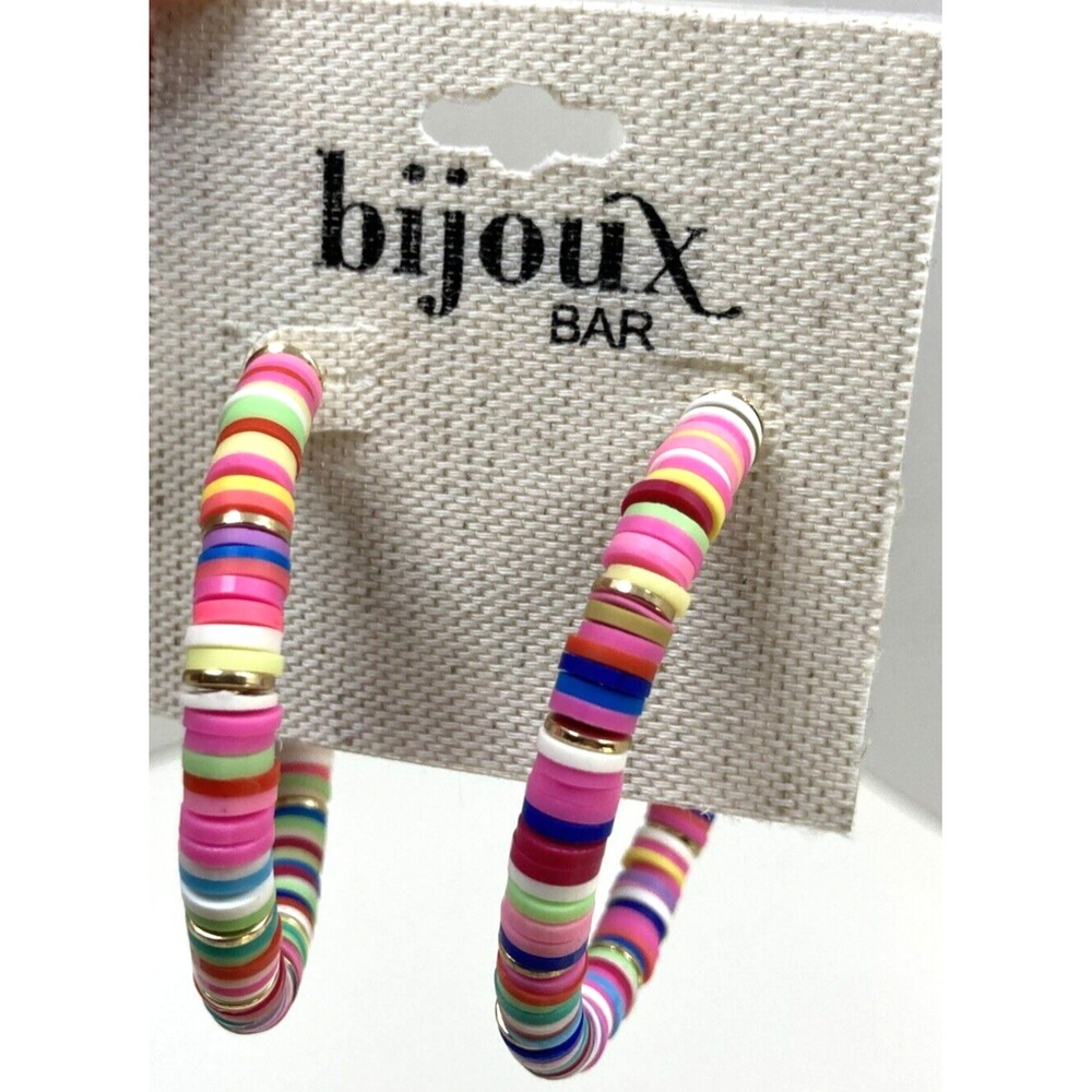 Vtg Bijoux Bar 2‎ Inch Colorful Pink Bue Yellow Hoop Earrings New JC Penney